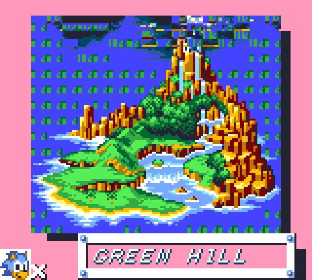 Sonic 1 map screen. Sky/sea background and clouds are scrambled.